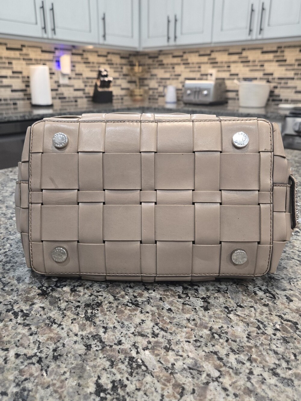 Michael Kors Vivian Woven Leather Tote Taupe Basket Weave Tassel Shoulder Bag - Picture 7 of 16